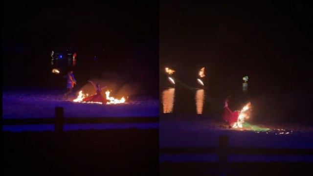 火裙舞突起火 女表演者跳水自救