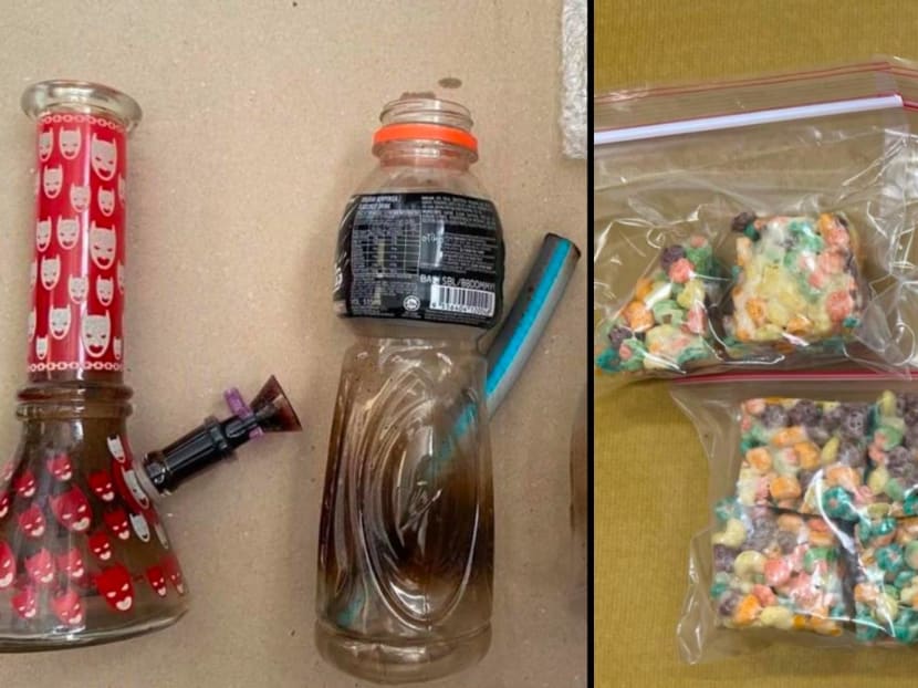 (Left) Alleged drug paraphernalia seized from a residential unit in the vicinity of Bukit Batok Street 21. (Right) Food products believed to be infused with cannabis recovered by anti-narcotics officers from a residential block in the vicinity of Serangoon Road.