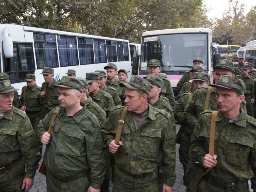 Reservists drafted during the partial mobilisation attend a departure ceremony in Sevastopol, Crimea, on Sept 27, 2022. Reservists drafted during the partial mobilisation attend a departure ceremony in Sevastopol, Crimea, on Sept 27, 2022.