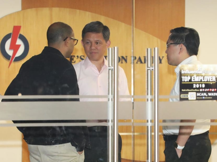 Mr Chan Chun Sing, Mr Janil Puthucheary and Mr Alex Yam having a conversation after a meeting at the PAP Headquarters on July 18, 2023. Mr Chan Chun Sing, Mr Janil Puthucheary and Mr Alex Yam having a conversation after a meeting at the PAP Headquarters on July 18, 2023.