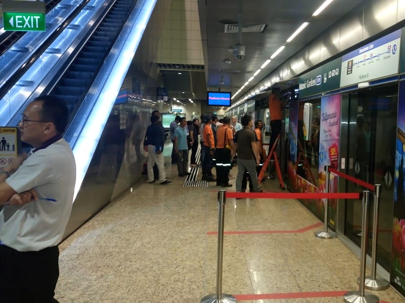The faulty door at the Botanic Gardens station on the Downtown Line has been barricaded as of 10am on May 3, 2017. Photo: Faris Mokhtar/TODAY