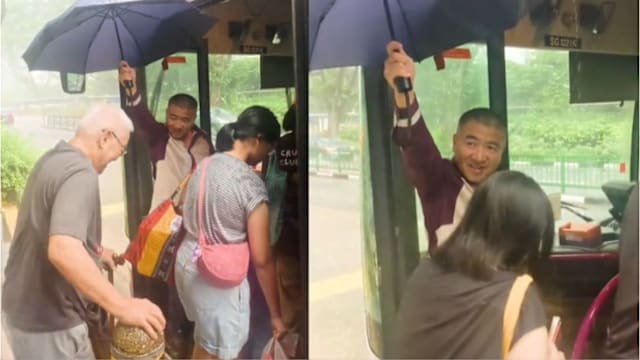 新捷运巴士车长雨中为乘客撑伞 暖心行径感动网民