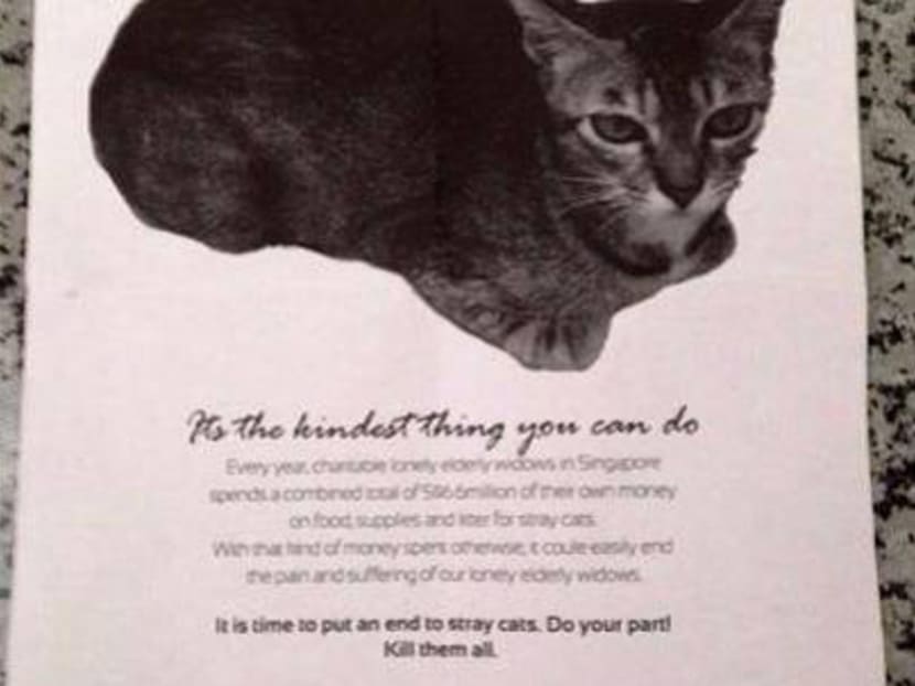 This flyer was part of a satirical performance-exhibition against evil acts by art collective Vertical Submarine for the recently concluded Singapore Night Festival. Photo: SPCA Facebook page