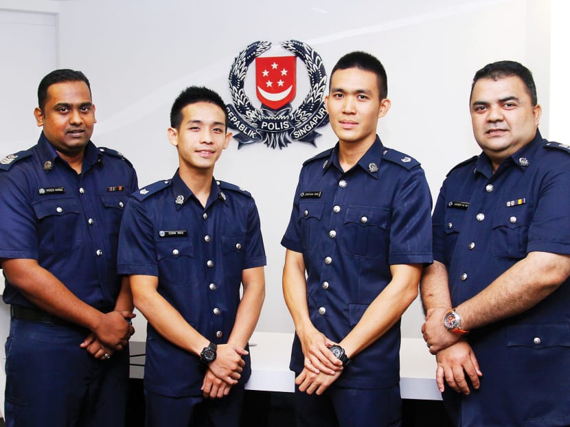 Honoured Home Team officers (from left): Staff sergeant Mydeen Sahul Hameed, assistant superintendant of police (ASP) Edwin Yong Wen Wei, ASP Jonathan Tang Wenhao and senior station inspector (2) Akhbar Ali. PHOTO: ERNEST CHUA
