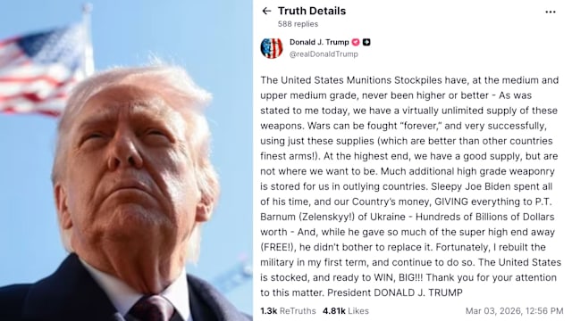 特朗普：美国武器库存充足 可长期支撑战争