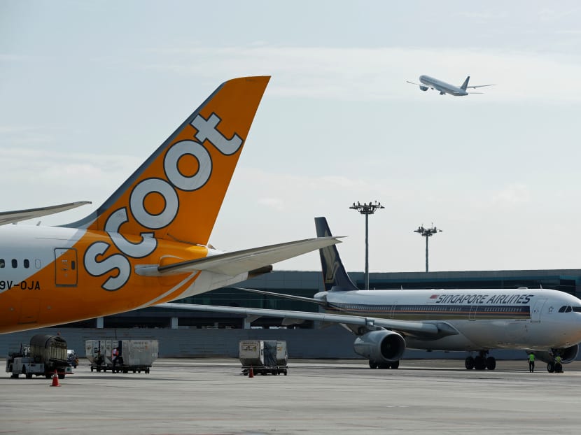A Singapore Airlines plane takes off, above a Scoot plane and another Singapore Airlines plane on the tarmac, at Changi Airport.