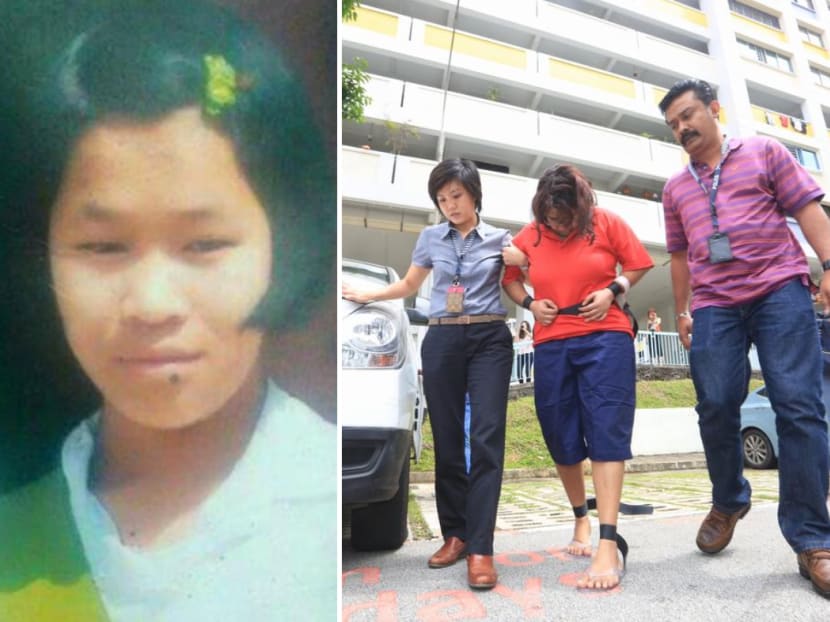 (Left) An old picture of Piang Ngaih Don. (Right) Gaiyathiri Murugayan in the centre being led by investigators to her Bishan flat in 2016 for a re-enactment of how Piang died. (Left) An old picture of Piang Ngaih Don. (Right) Gaiyathiri Murugayan in the centre being led by investigators to her Bishan flat in 2016 for a re-enactment of how Piang died.