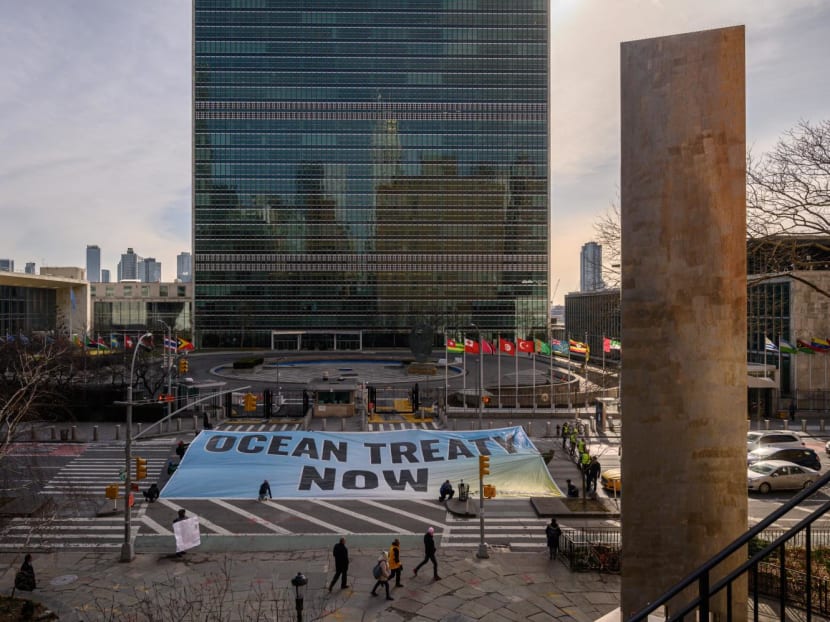 A banner displayed before the United Nations headquarters during ongoing negotiations on a treaty to protect the high seas in New York on Feb 27, 2023. A banner displayed before the United Nations headquarters during ongoing negotiations on a treaty to protect the high seas in New York on Feb 27, 2023.