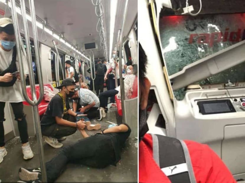 Passengers were left battered and bruised after being thrown across carriages during a crash between two LRT trains in Kuala Lumpur on May 24, 2021, with many evacuated on stretchers. Passengers were left battered and bruised after being thrown across carriages during a crash between two LRT trains in Kuala Lumpur on May 24, 2021, with many evacuated on stretchers.