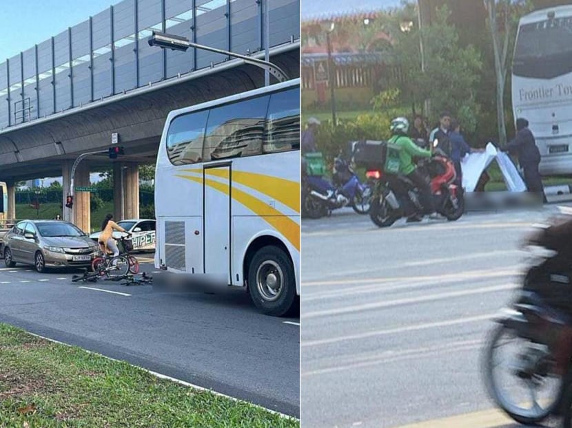 Photos posted on Facebook page Singapore roads accident.com show the cyclist’s body lying on the road (left), while a bus belonging to Frontier Tours is also seen at the accident site (right). Photos posted on Facebook page Singapore roads accident.com show the cyclist’s body lying on the road (left), while a bus belonging to Frontier Tours is also seen at the accident site (right).