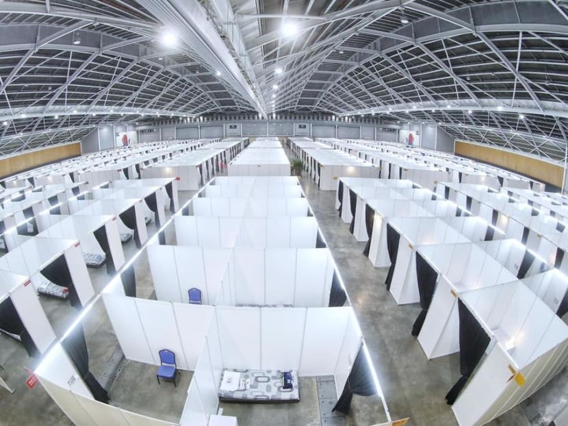 A view of a hall at the Singapore Expo Convention Hall and Exhibition Centre in Changi that is being used to house Covid-19 patients.
