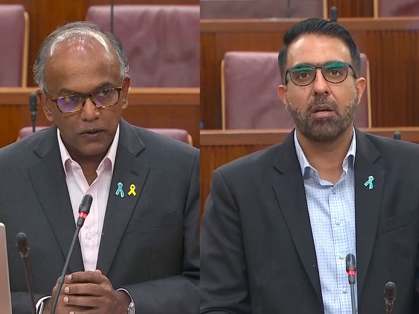 Law and Home Affairs Minister K Shanmugam (left) and Leader of the Opposition Pritam Singh in Parliament on March 1, 2021. Law and Home Affairs Minister K Shanmugam (left) and Leader of the Opposition Pritam Singh in Parliament on March 1, 2021.