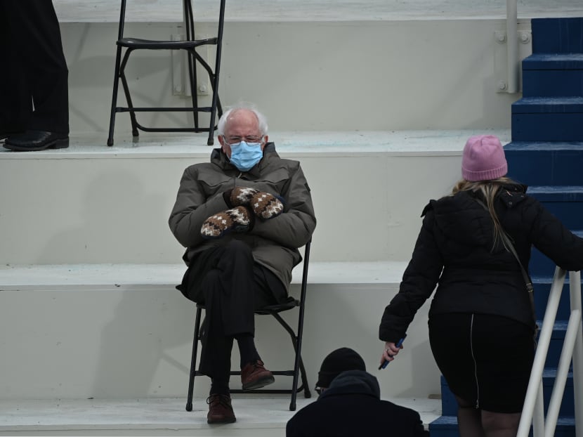 Former presidential candidate, Senator Bernie Sanders sits in the bleachers on Capitol Hill before Mr Joe Biden is sworn in as the 46th US President at the US Capitol in Washington, DC on Jan 20, 2021.