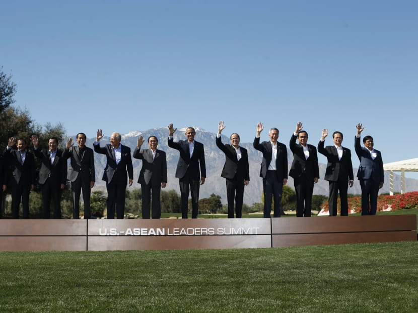 President Barack Obama and leaders of ASEAN, the 10-nation Association of Southeast Asian Nations pose, at the Annenberg Retreat at Sunnylands in Rancho Mirage, Calif. From left are, ASEAN's Secretary General Le Luong Minh, Brunei's Sultan Hassanal Bolkiah, Cambodia's Prime Minister Hun Sen, Indonesian President Joko Widodo, Malaysia Prime Minister Najib Razak, Laos President Choummaly Sayasone, Philippine President Benigno Aquino III, Singapore Prime Minister Lee Hsien Loong, Thailand Prime Minister Prayuth Chan-ocha, Vietnam Prime Minister Nguyen Tan Dung, and Myanmar Vice President Nyan Tun. Photo: AP