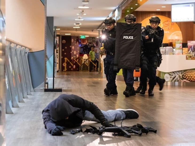 Police officers taking part in a counter-terrorism exercise codenamed “Heartbeat” at Velocity @ Novena Square on Nov 15, 2019.