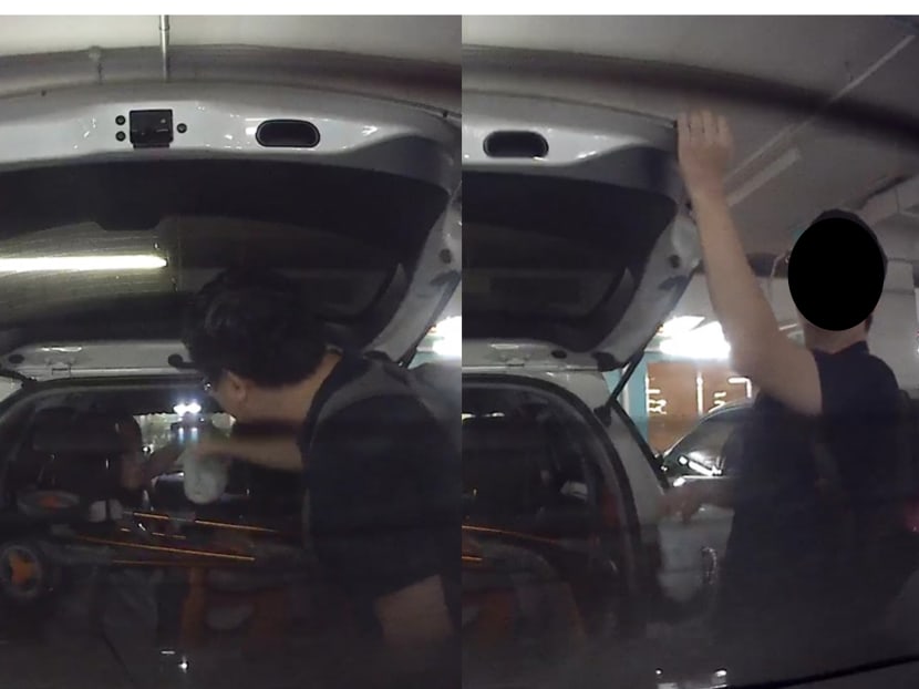 Facebook user Jonathan Lee captured the incident on camera. In a post on the social-networking site last Saturday, Mr Lee claimed that the man, seen in a black T-shirt, had flung a used diaper onto his car at Tampines Mall.