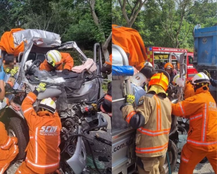 SCDF disaster team frees driver trapped in lorry after accident on SLE; man taken to hospital