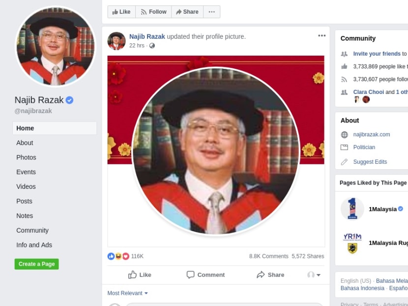 A screengrab of Najib Razak's Facebook page, showing a picture from 2004 when he received a honorary degree from Nottingham University.