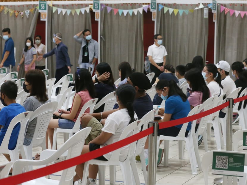 Children being observed after receiving their Pfizer-BioNTech Covid-19 vaccine jab at the Pasir Ris Elias Community Club on Dec 27, 2021.