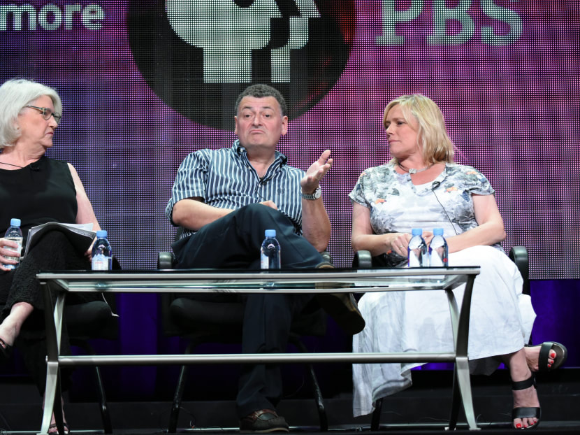 Executive producer Rebecca Eaton, co-writer/executive producer Steven Moffat and producer Sue Vertue speak onstage during the "Sherlock" panel at the PBS 2015 Summer TCA Tour held at the Beverly Hilton Hotel on Friday, July 31, 2015 in Beverly Hills, California. Photo: AP
