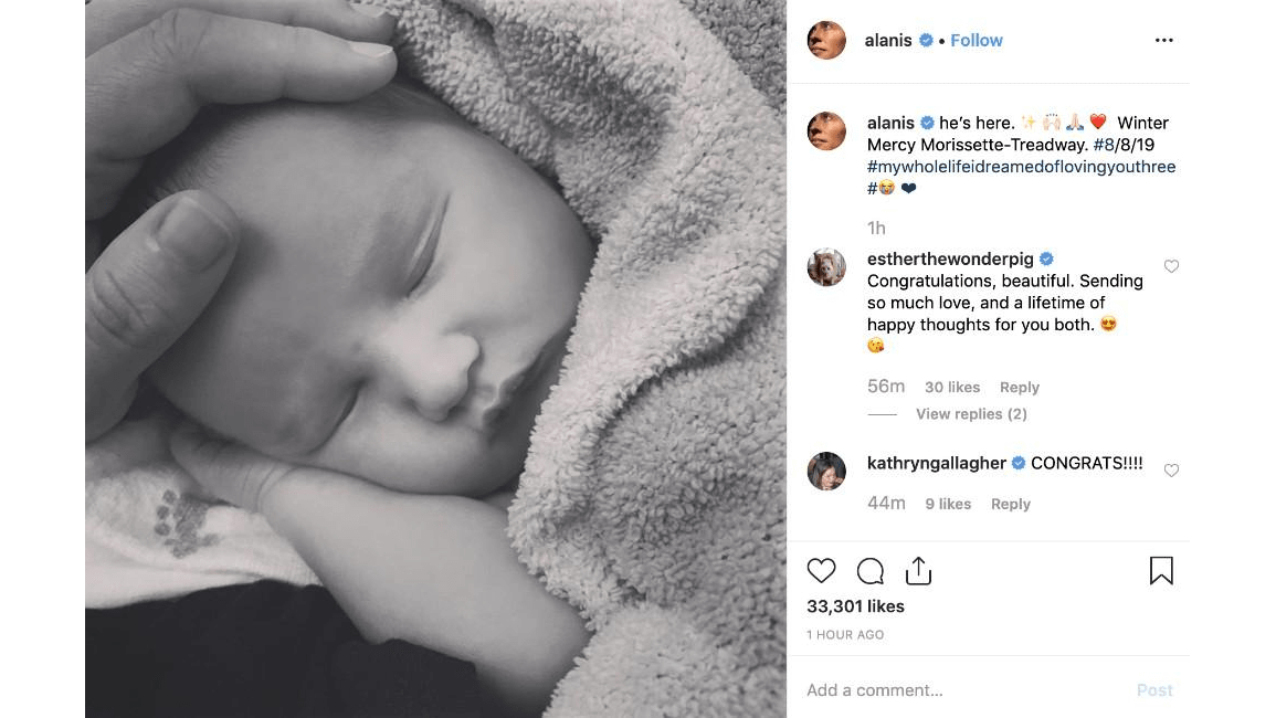 Alanis Morissette gives birth 8days