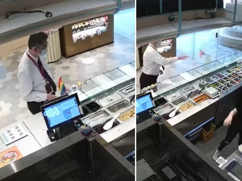 In an account and video of the incident on the stall’s Facebook page, Ms Charmaine Low said that the man, whom she does not know, had noticed the flag after browsing other stalls nearby. In an account and video of the incident on the stall’s Facebook page, Ms Charmaine Low said that the man, whom she does not know, had noticed the flag after browsing other stalls nearby.