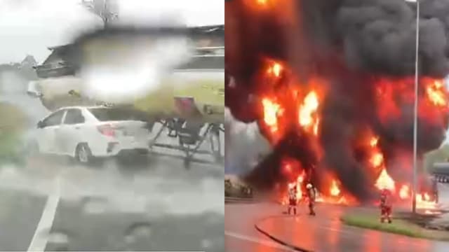 油槽车失控翻覆压中汽车 母子当场身亡