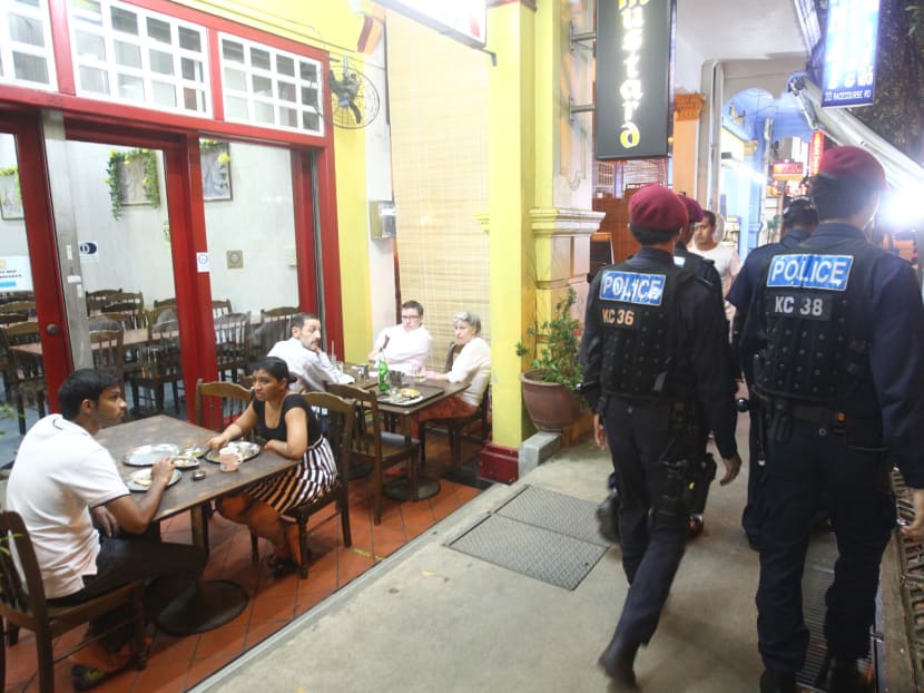 Police patrols along Race Course Road. Photo: Ernest Chua