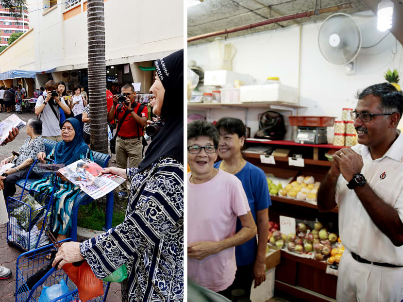 Dr Chee (left) and Mr Murali in Bukit Batok on Sunday, April 24, to meet residents. Photo: Robin Choo, Jason Quah