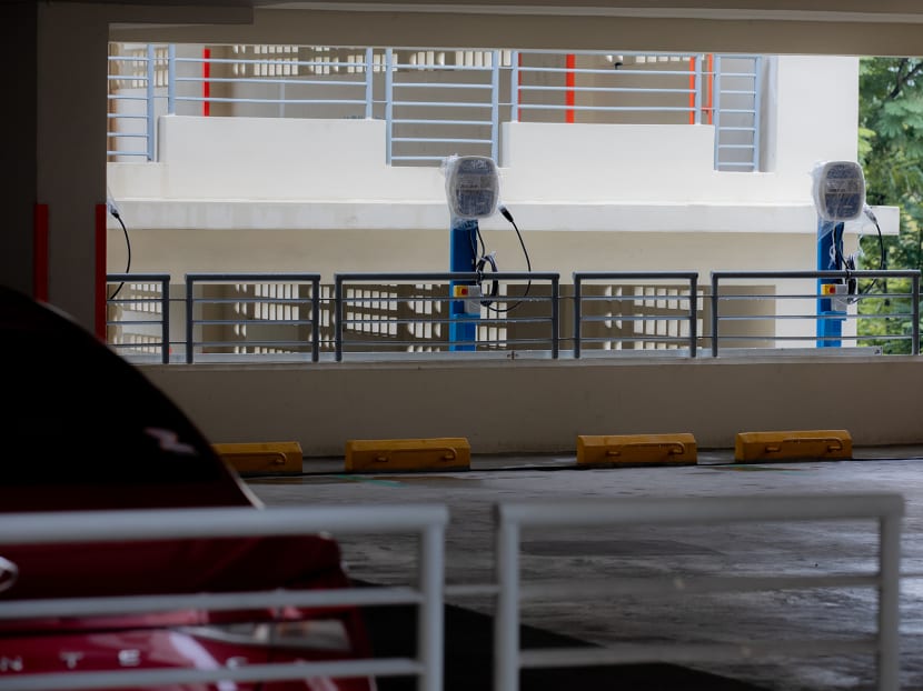 All HDB car parks will have at least three electric vehicle charging points by 2025. All HDB car parks will have at least three electric vehicle charging points by 2025.