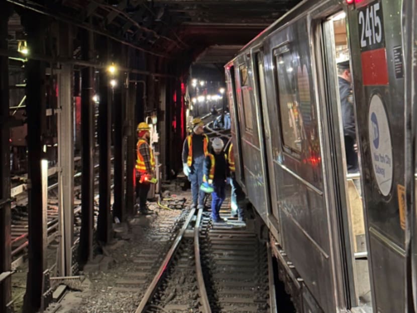 This photo posted on X by NYC Emergency Management shows the derailment of a New York City subway car, Thursday, Jan 4, 2024.