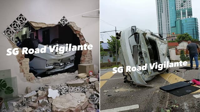 雨天失控撞进新山排屋 狮城奥迪司机被开罚单