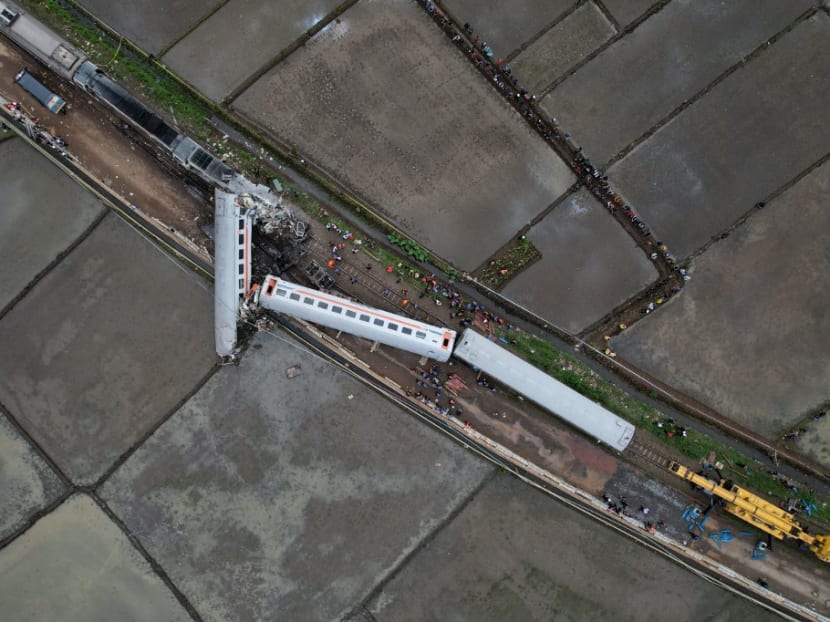 This aerial photo shows a view of two trains after they collided in Cicalengka, West Java province on January 5, 2024.