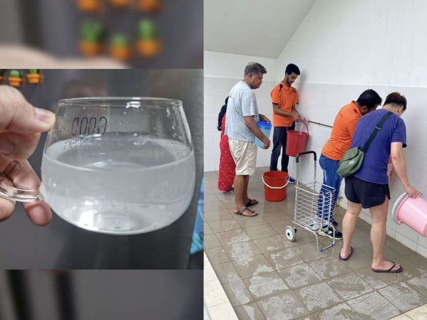 Residents at the Senja Ridges BTO project filling up pails during the water outage on March 19, 2023 (right) and some of the clouded water that flowed before the service was fully restored (left). Residents at the Senja Ridges BTO project filling up pails during the water outage on March 19, 2023 (right) and some of the clouded water that flowed before the service was fully restored (left).