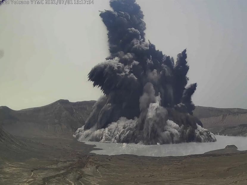 This still image taken from video taken on July 1, 2021 released on July 3, 2021 shows an eruption from the main crater of the Taal volcano, which sits in a picturesque lake in Batangas province in the Philippines.
