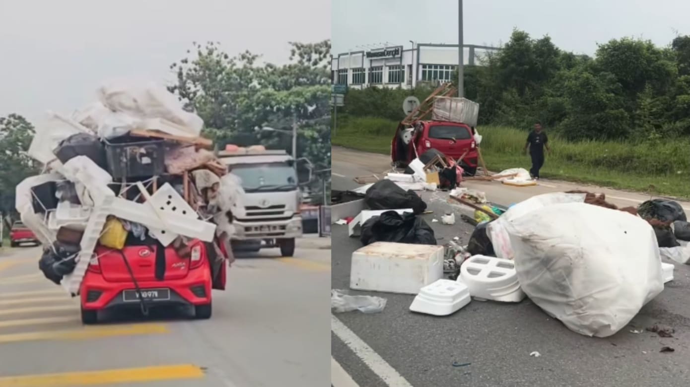 马国男子用小型车搬家  满车家当半路散满地