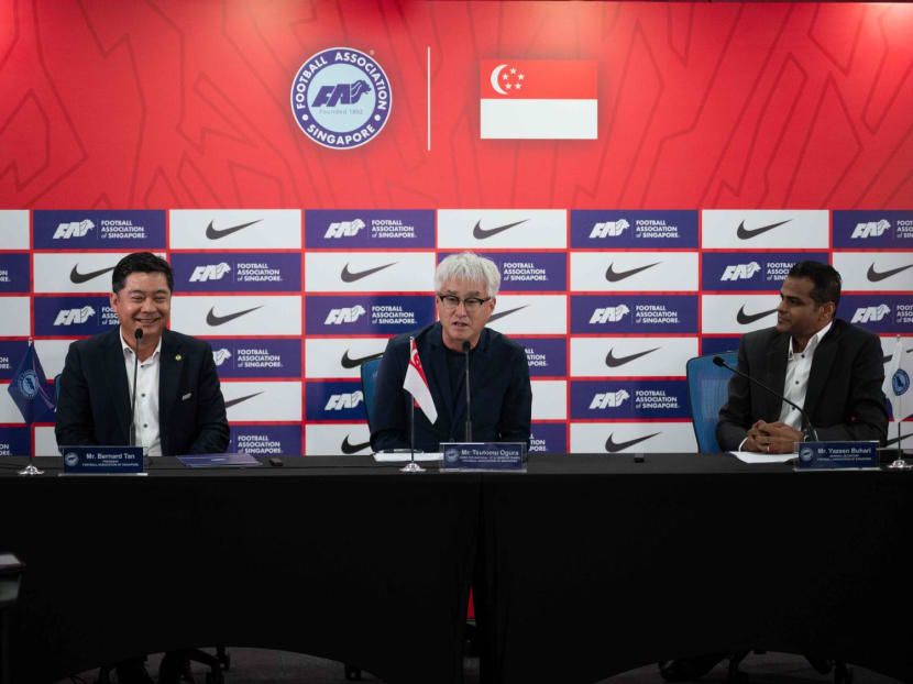 (From left to right) President of Football Association of Singapore Bernard Tan, newly appointed Director of National Teams Tsutomu Ogura and General Secretary of Football Association of Singapore Yazeen Buhari at a press conference announcing Mr Ogura's appointment on Feb 1, 2024. 