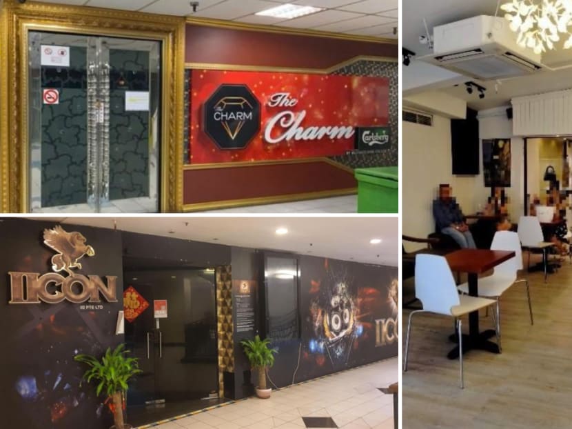 The Charm on South Bridge Road (top left), Icon II on Selegie Road (bottom left) and Frederico’s Paddles Too Pub and Cafeteria on East Coast Road (right) have had their food licences revoked.