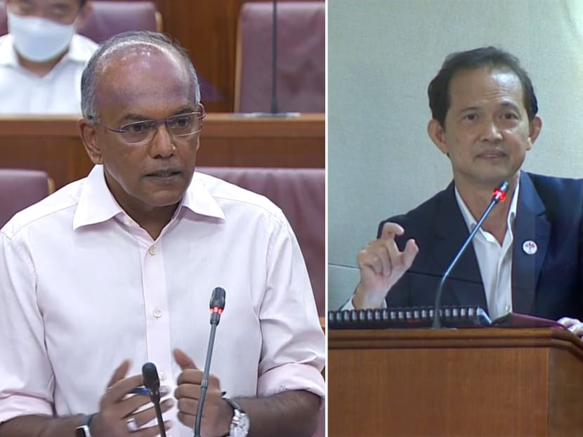 Law Minister K Shanmugam and Mr Leong Mun Wai, Non-Constituency Member of Parliament, debating motions in Parliament on the impact of the Government’s foreign manpower policy on Singaporean workers. Law Minister K Shanmugam and Mr Leong Mun Wai, Non-Constituency Member of Parliament, debating motions in Parliament on the impact of the Government’s foreign manpower policy on Singaporean workers.