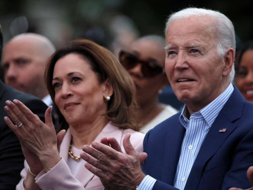 US President Joe Biden (right) clapping his hands next to US Vice-President Kamala Harris while hosting a Juneteenth concert at the White House in Washington, DC, on June 10, 2024.