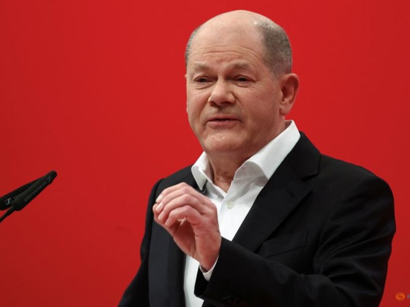 German Chancellor Olaf Scholz addresses the delegates of the SPD’s party convention in Berlin, Germany, December 9, 2023. REUTERS/Liesa Johannssen