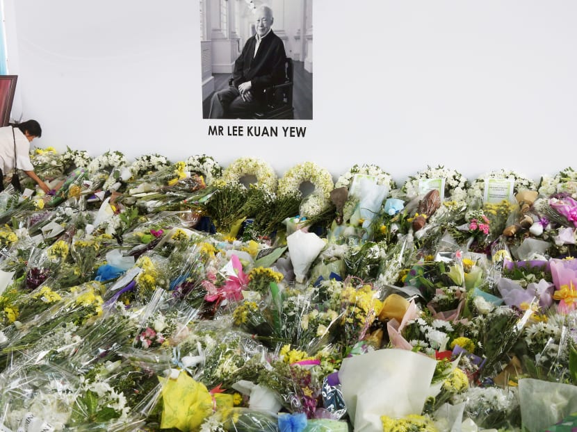 Flower bouquets at Ang Mo Kio Town Centre last year, after the telecast of the state funeral of Mr Lee Kuan Yew. Minister in the Prime Minister’s Office Chan Chun Sing said it was too early to say whether commemorative events will be held in subsequent years. TODAY file photo
