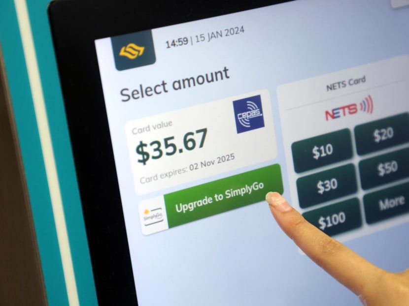 A ticketing machine at City Hall MRT Station where adult commuters may get an upgrade of an Ez-link card to the SimplyGo payment system.