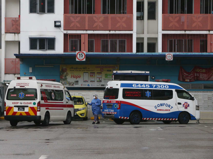 Two ambulances were seen within the premise of Westlite Woodlands Dormitory on Thursday, April 22, 2021. Two ambulances were seen within the premise of Westlite Woodlands Dormitory on Thursday, April 22, 2021.