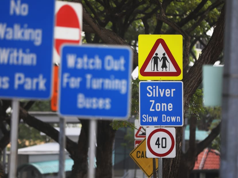A Silver Zone sign in Clementi directing motorists to slow down.