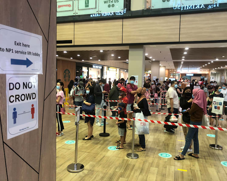 Safe distancing a challenge as shoppers and MRT, bus commuters converge at some malls