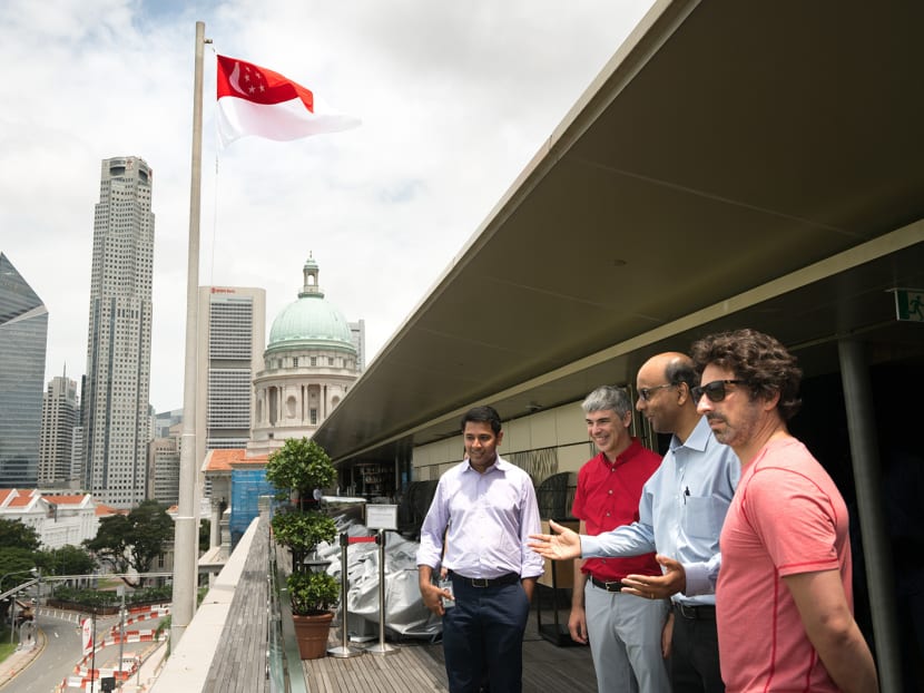 Google co-founders Sergey Brin (far right) and Larry Page (in red) at the National Gallery with Deputy Prime Minister Tharman Shanmugaratnam. Also with them is Caesar Sengupta, VP, Product Management at Google (far left). Photo: Google
