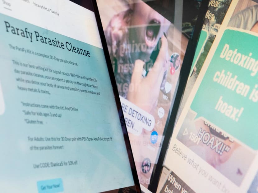 This photo illustration shows a sales page on a website next to multiple screens displaying TikTok videos about detoxing children, in Washington, DC, on Oct 6, 2023.