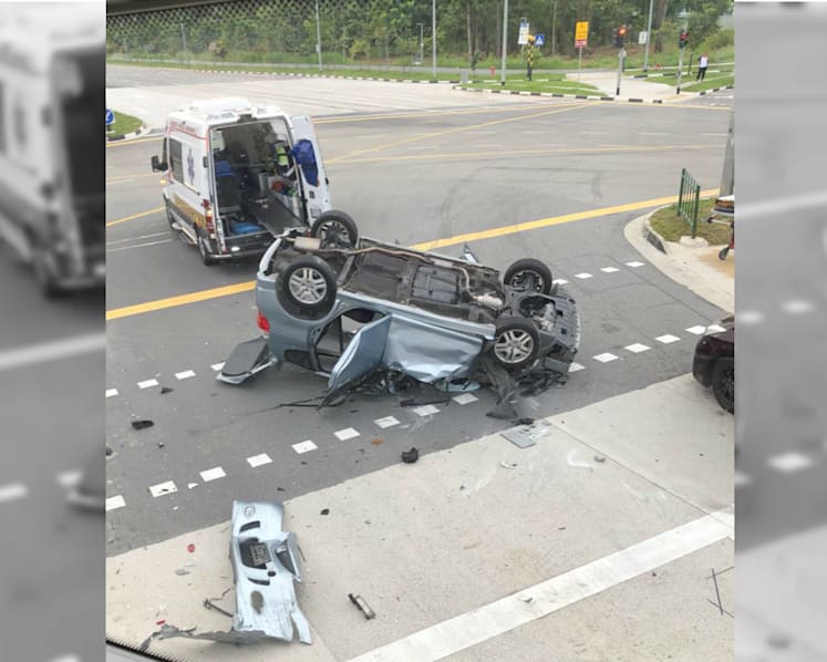 Three men hurt after car overturns in accident at Tanah Merah