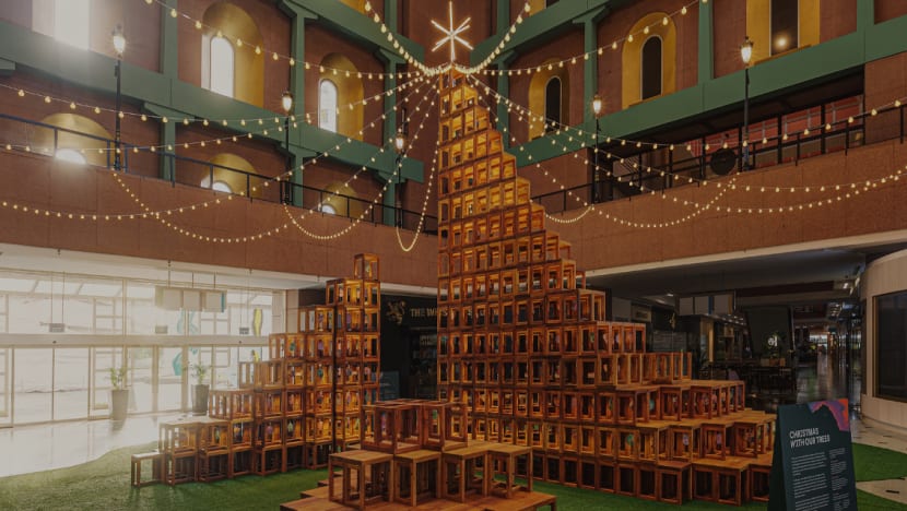 A Christmas tree without branches or leaves? Millenia Walk mall has an answer for its wooden tower of stools 